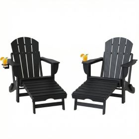 Folding Adirondack Chair with Retractable Ottoman & Cup Holder – HDPE Outdoor Patio Chair, Black (Option: Black-900x420x550 mm)